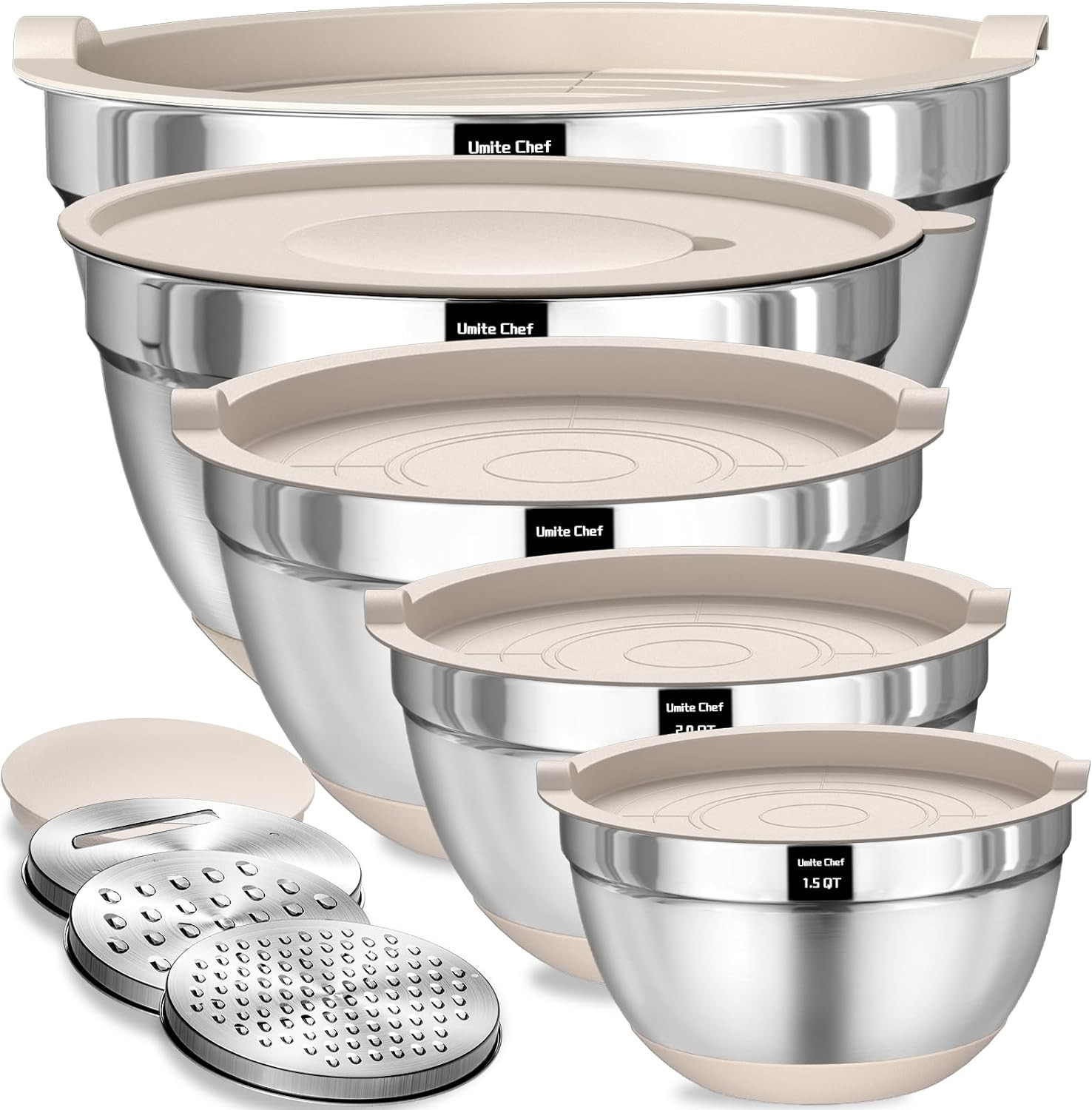 Umite Chef Mixing Bowls with Airtight Lids Set, 8PCS Stainless Steel Khaki Nesting Bowls with Gra... | Amazon (US)