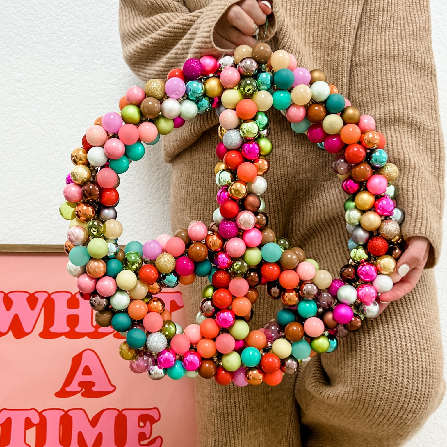 DIY PEACE ORNAMENT WREATH 

mini ornament glass or shatterproof options ✌🏼 **wire peace wreath linked in my Instagram highlights** 