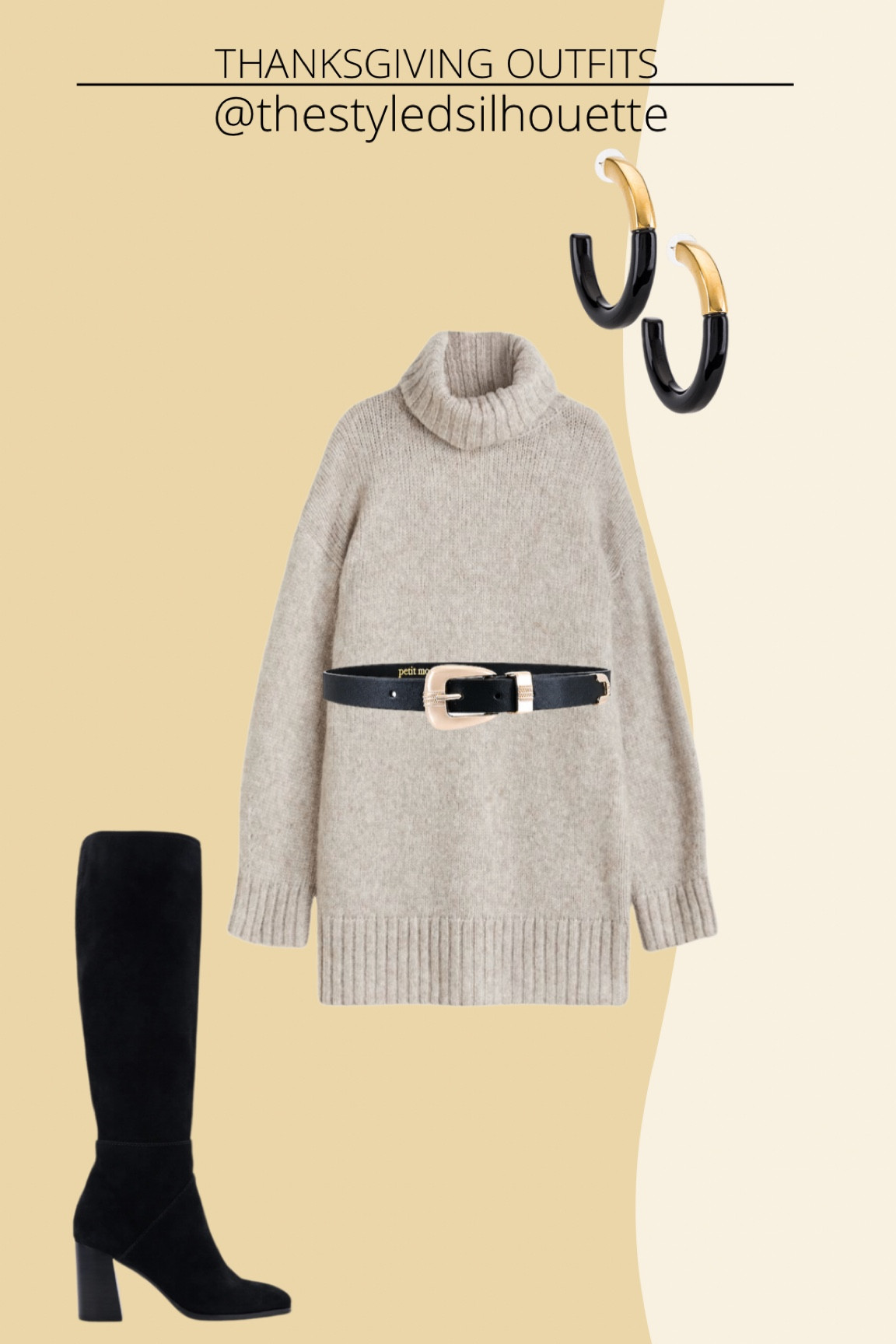 Thanksgiving outfit// turtleneck sweater dress// black boots// black belt// black and gold hoops 

#LTKSeasonal #LTKHoliday #LTKstyletip