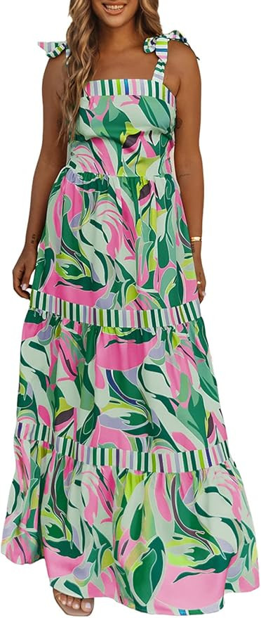 AlvaQ Women's 2023 Summer Sleeveless Floral Print Maxi Dress Strap Square Neck Beach Sun Dress | Amazon (US)