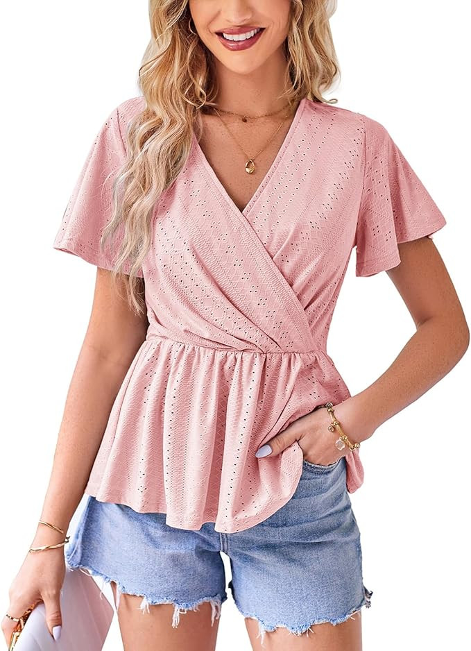 GRACE KARIN Womens Wrap Tops V Neck Eyelet Top Ruffle Sleeve Peplum Blouse 2023 Summer Casual T S... | Amazon (US)