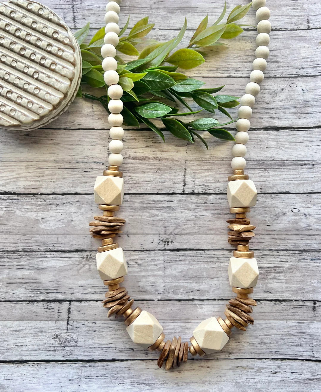 Beaded Neutral Statement Necklace, White Wood Chunky Bead Necklace, Dark Tan Beaded Necklace, Coc... | Etsy (US)