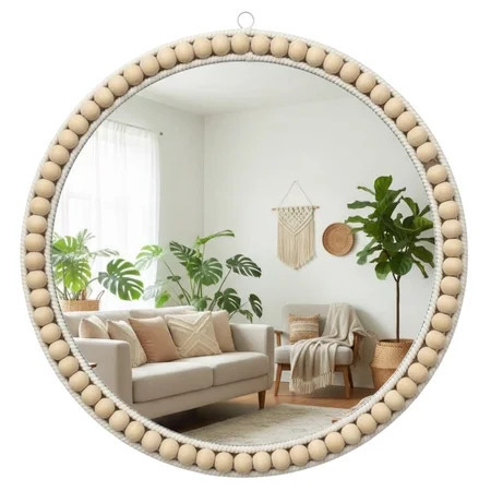 MEHOOM 17" Round Wall Mirror, Boho Hanging Round Mirror, Wall Decor for Bedroom, Bathroom, Living Room, Beige | Walmart (US)