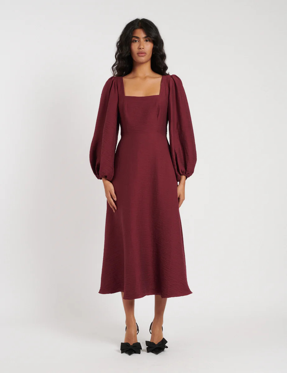 Burgundy Balloon Sleeve Loredana Midi Dress | Nobody's Child