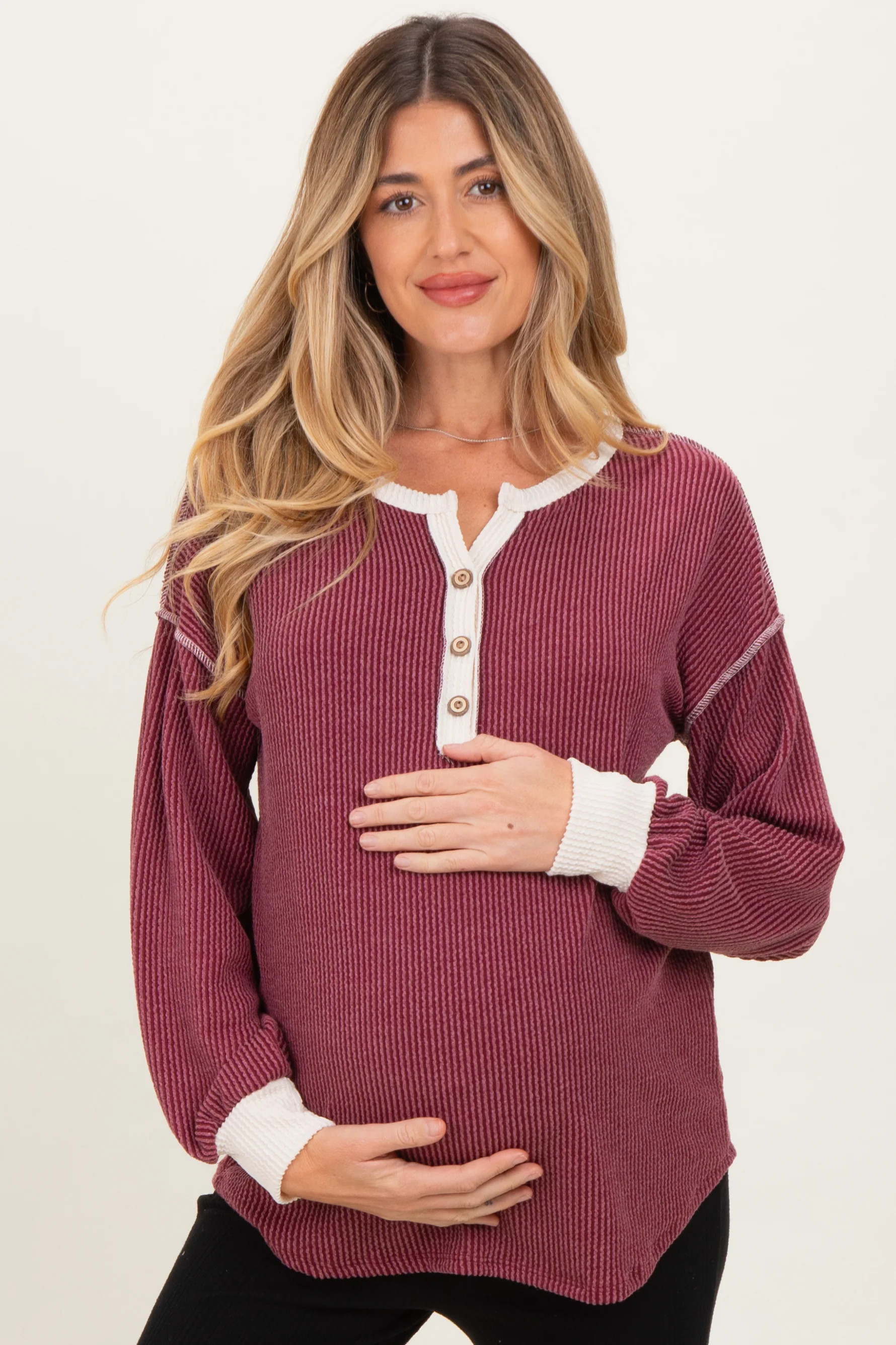 Burgundy Textured Rib Bubble Sleeve Maternity Henley | PinkBlush Maternity