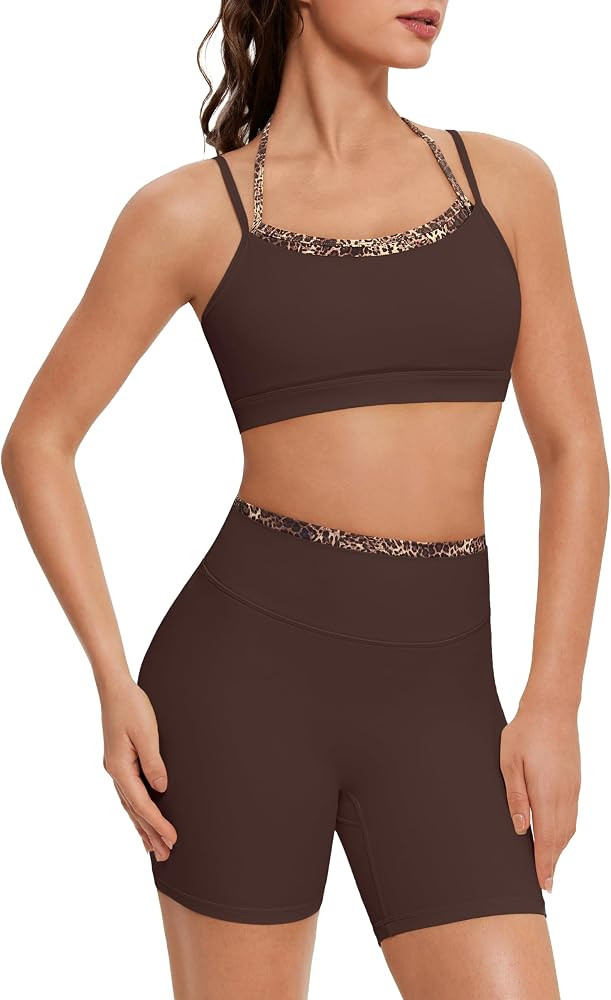 OMKAGI Workout Sets for Women Cute Doubel Layer Open Back Sports Bras Gym Shorts Outfits | Amazon (US)