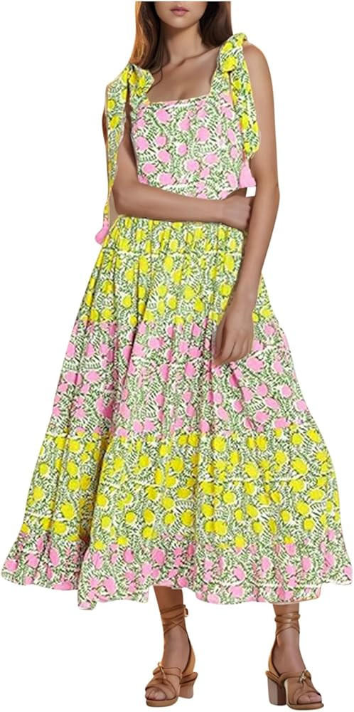 Summer Dresses for Women 2024 Trendy Tie Shoulder Boho Floral Pleated Flowy Midi Dress Sleeveless... | Amazon (US)