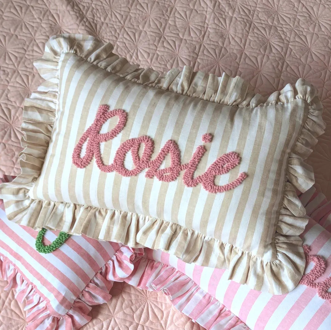 SAND STRIPES Personalised Ruffled Cushion Handmade Punch Needle Decor | Gingham Nursery Kids Chil... | Etsy (Global)