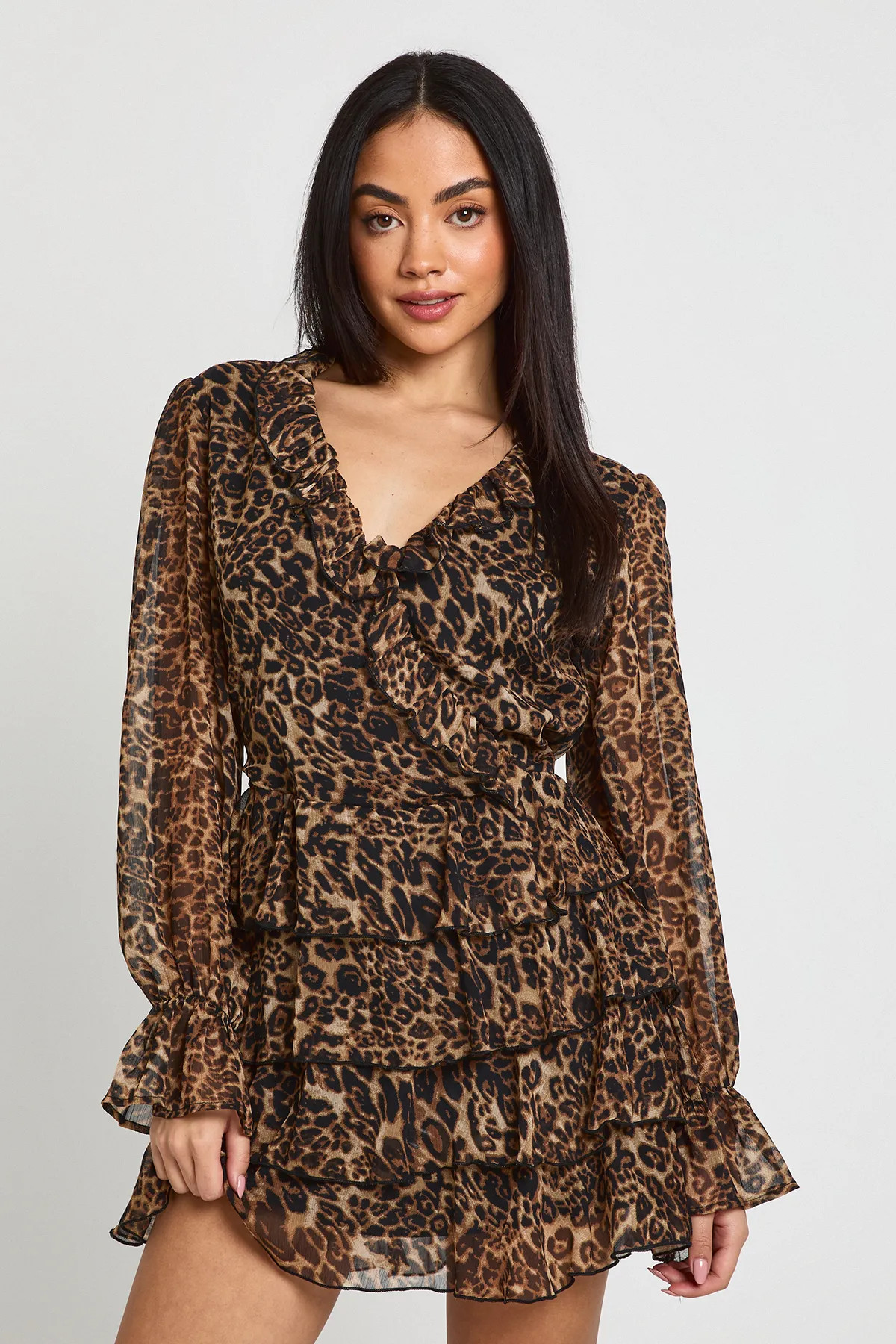 Leopard Chiffon Ruffle Detail Leopard Mini Dress | Boohoo USA | boohoo (US & Canada)