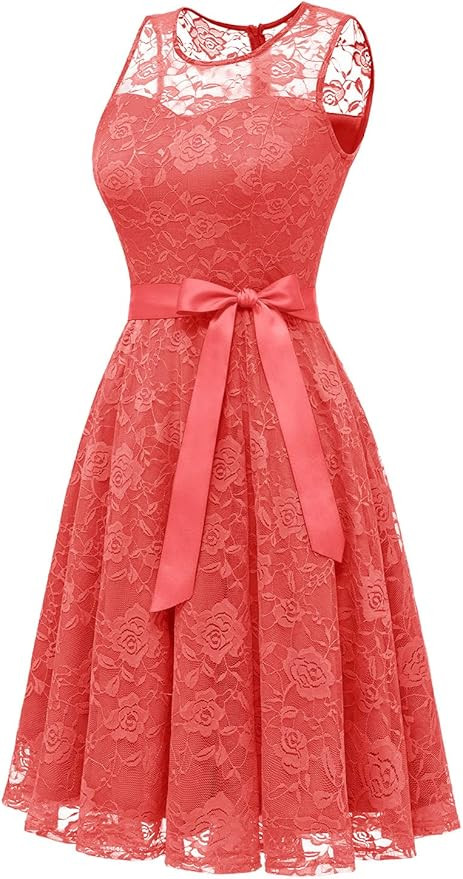 Dressystar Women's Floral Lace Dress Short Bridesmaid Dresses with Sheer Neckline | Amazon (US)