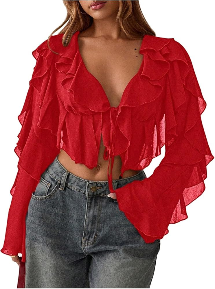 Floerns Women's Ruffle Trim Mesh Long Sleeve Blouses V Neck Tie Front Crop Tops | Amazon (US)