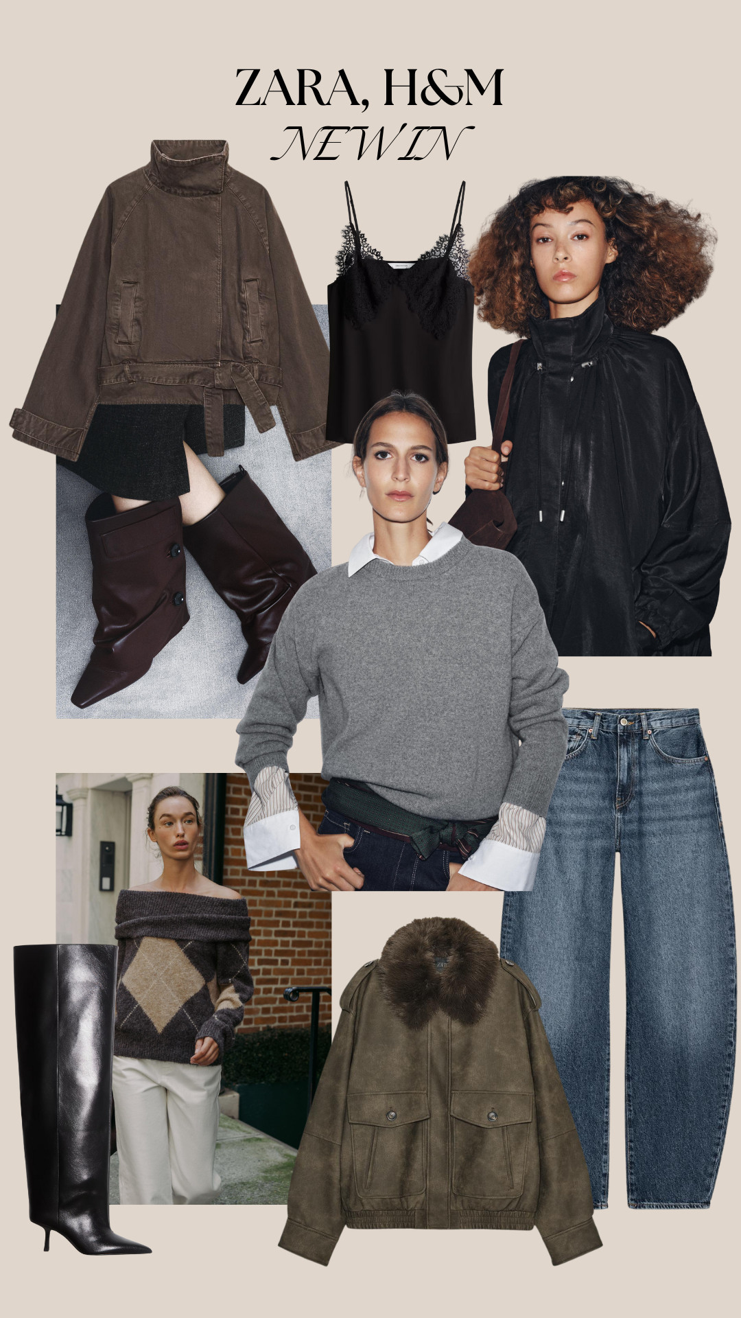 Zara faux fur coat, Cotton jacket, Strapless top, Balloon jeans, Wool sweater, Leather leggings, Faux leather jacket, H&M knee-high boots, Lace strappy top 

 #LTKuk #LTKautumn #LTKworkwear