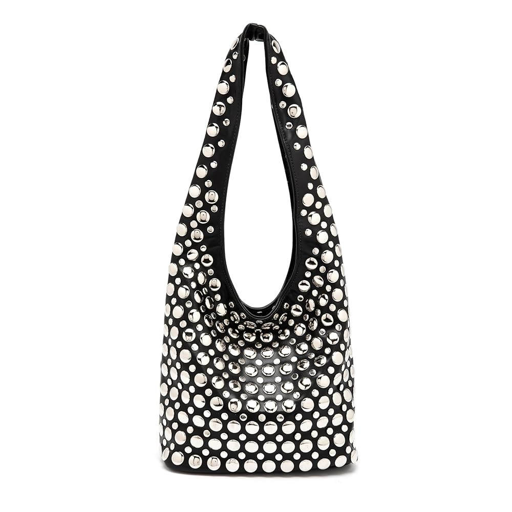 Stylish Studded Hobo Bag Y2K Rivets Bucket Purse for Women Trendy Small Shoulder Tote Handbag | Amazon (US)