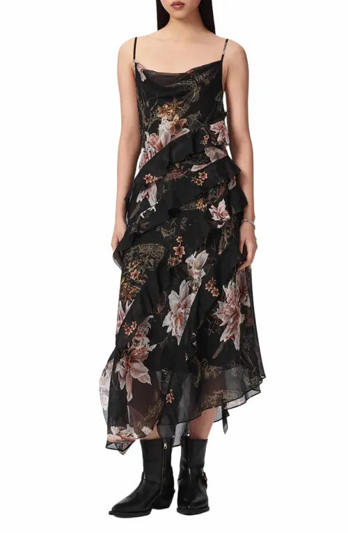 AllSaints Ruth Floral Print Slipdress in Crystal Black at Nordstrom, Size 12 | Nordstrom