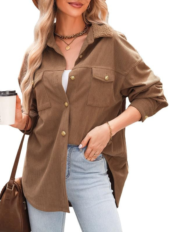 Dokotoo Womens Corduroy Shirts Casual Button Down Blouses Long Sleeve Oversized Tops with Pockets | Amazon (US)