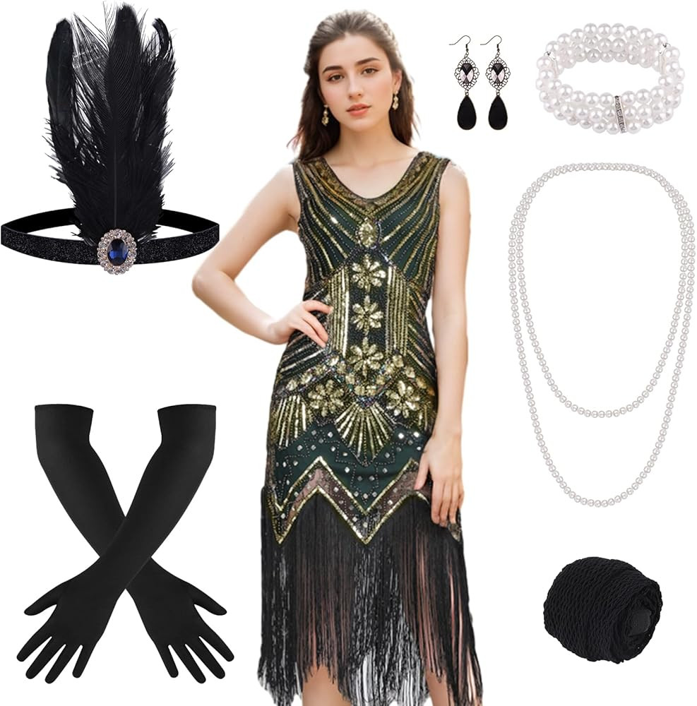 FEPITO 1920s Flapper Dresses for Women, Fringed Sequin Great Gatsby Dress for Women with 20s Acce... | Amazon (US)