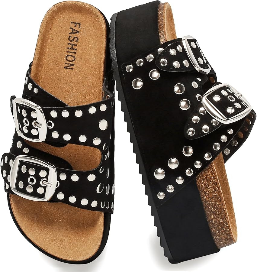 Women's Platform Sandals With Cork Footbed Adjustable Double Buckle Suede Chunky Sandals for Summ... | Amazon (US)