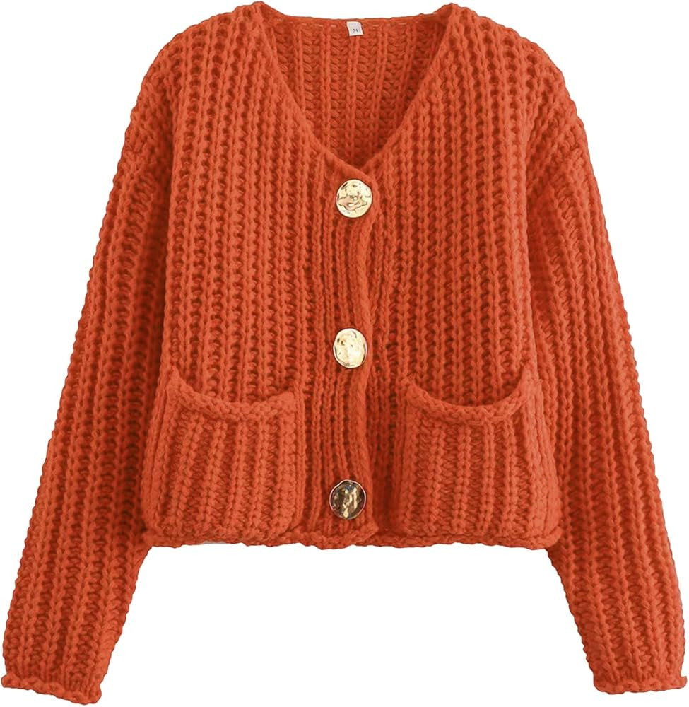 Arssm Womens Cropped Cardigan Sweaters Chunky Open Front Button Down Knit Sweater Long Sleeve Loo... | Amazon (US)