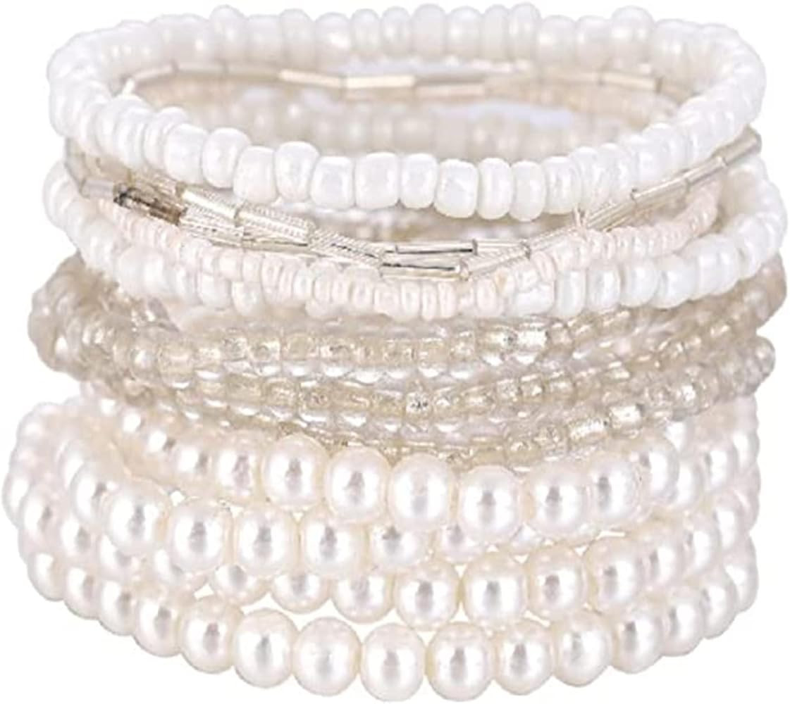 Handmade Bohemian Colorful Crystal Beaded Bracelets Set Multilayered Stackable Boho Stretch Adjus... | Amazon (US)