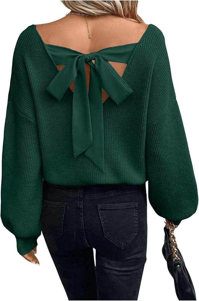 Women's Backless Bow Tie V Neck Pullover Sweaters Fall Long Sleeve Drop Shoulder Knit Chunky Swea... | Amazon (US)