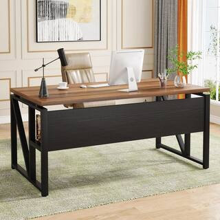 Moronia 55.1 in. Rectangular Brown Engineered Wood Computer Desk with Storage Shelf | The Home Depot