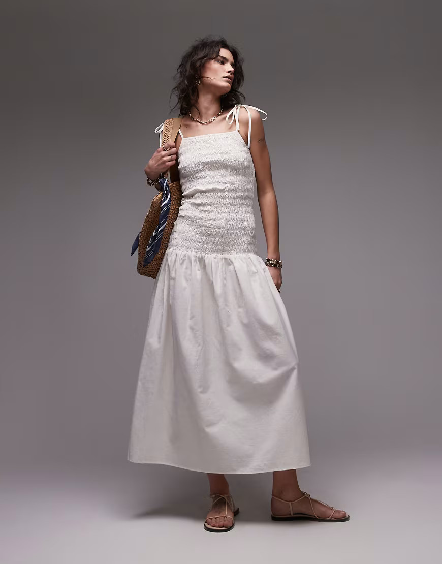 Topshop linen cami ruched midi dress in Ivory-White | ASOS (Global)