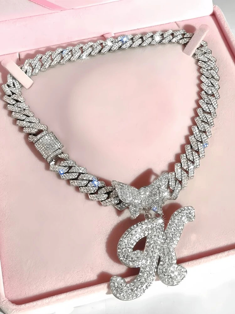 Silver Women Necklaces - 2Pcs A-Z Iced Out Butterfly Initial Cuban Necklace Bracelet Gift Set For... | SHEIN