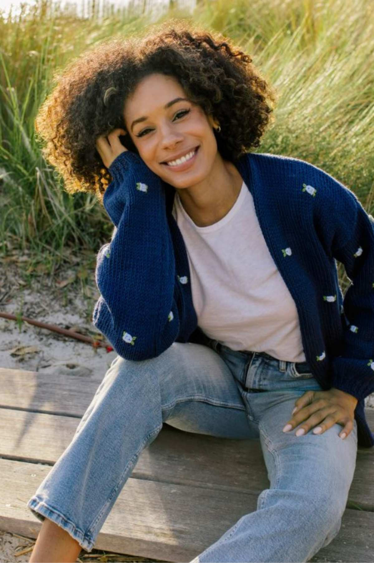 WINTER BLOOM BLUE ROSE Cotton Cardigan | Fanm Mon