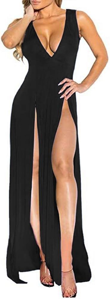 Womens Bandage Side Split V Neck Sleeveless Bodycon Clubwear Maxi Vest Dress | Amazon (US)