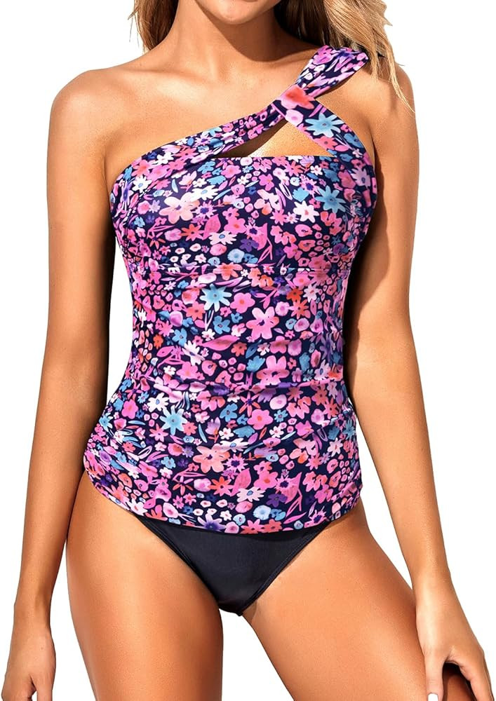 Tempt Me Two Piece Tankini Bathing Suits for Women One Shoulder Swim Top with Bottom Swimsuits | Amazon (US)