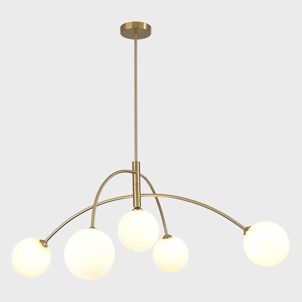 Mid Century Modern Milk Glass Chandelier 5-Lights Gold White Globe Pendant Light Brushed Brass Sp... | Amazon (US)