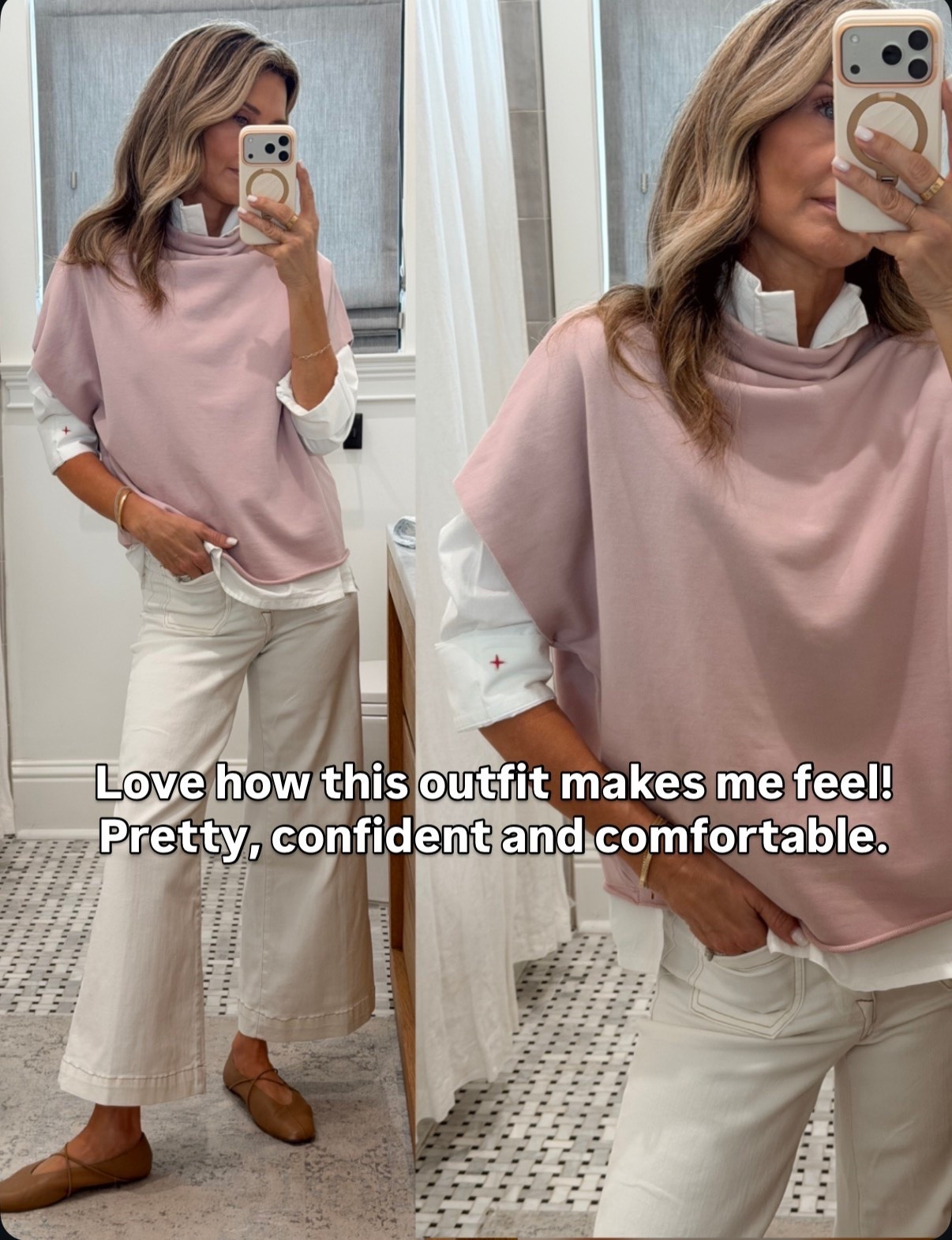 I’m 5’6”
Wearing petite size in the white top
-pants are flattering and have stretch! 
-flats are TTS and favorites. 

@MERSEA @mgemi