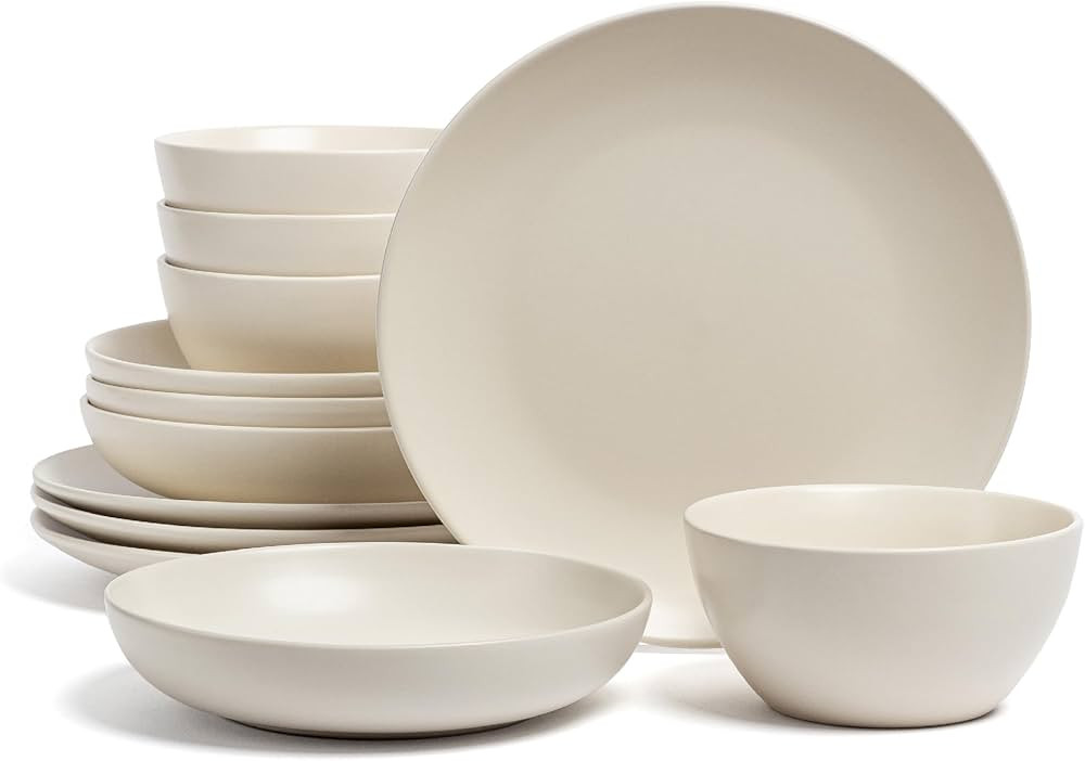 over&back Coupe 12-Piece Stoneware Dinnerware Set for 4 - Comes with 4 Dinner Plates, 4 Cereal Bo... | Amazon (US)