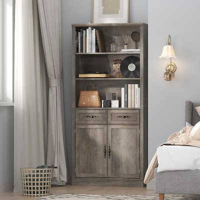 72" tall bookcase with doors and drawers, 32" wide storage cabinet with adjustable shelves (grey) | Target