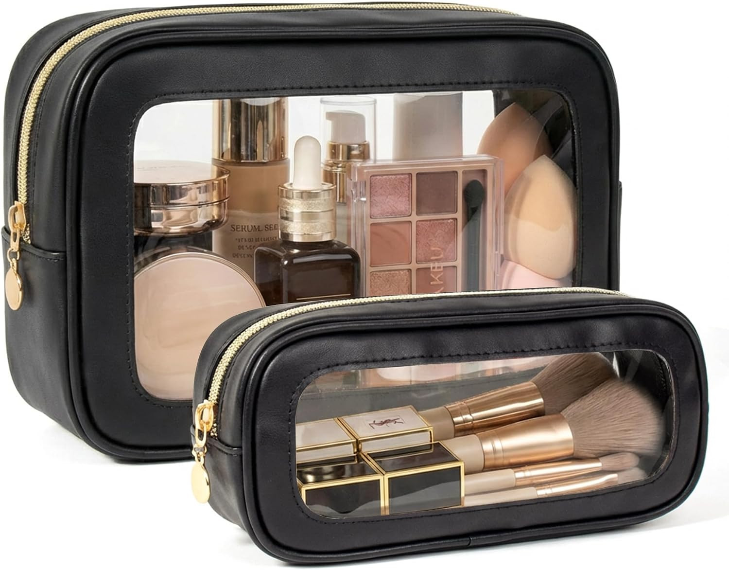 2Pcs Clear Makeup Bags Set, Clear Travel Makeup Brush Holder Leather Makeup Case Toiletry Bag with Zipper Portable Cosmetic Pouch Waterproof Makeup Brush Storage Bag Car Bag for Essentials | Amazon (US)