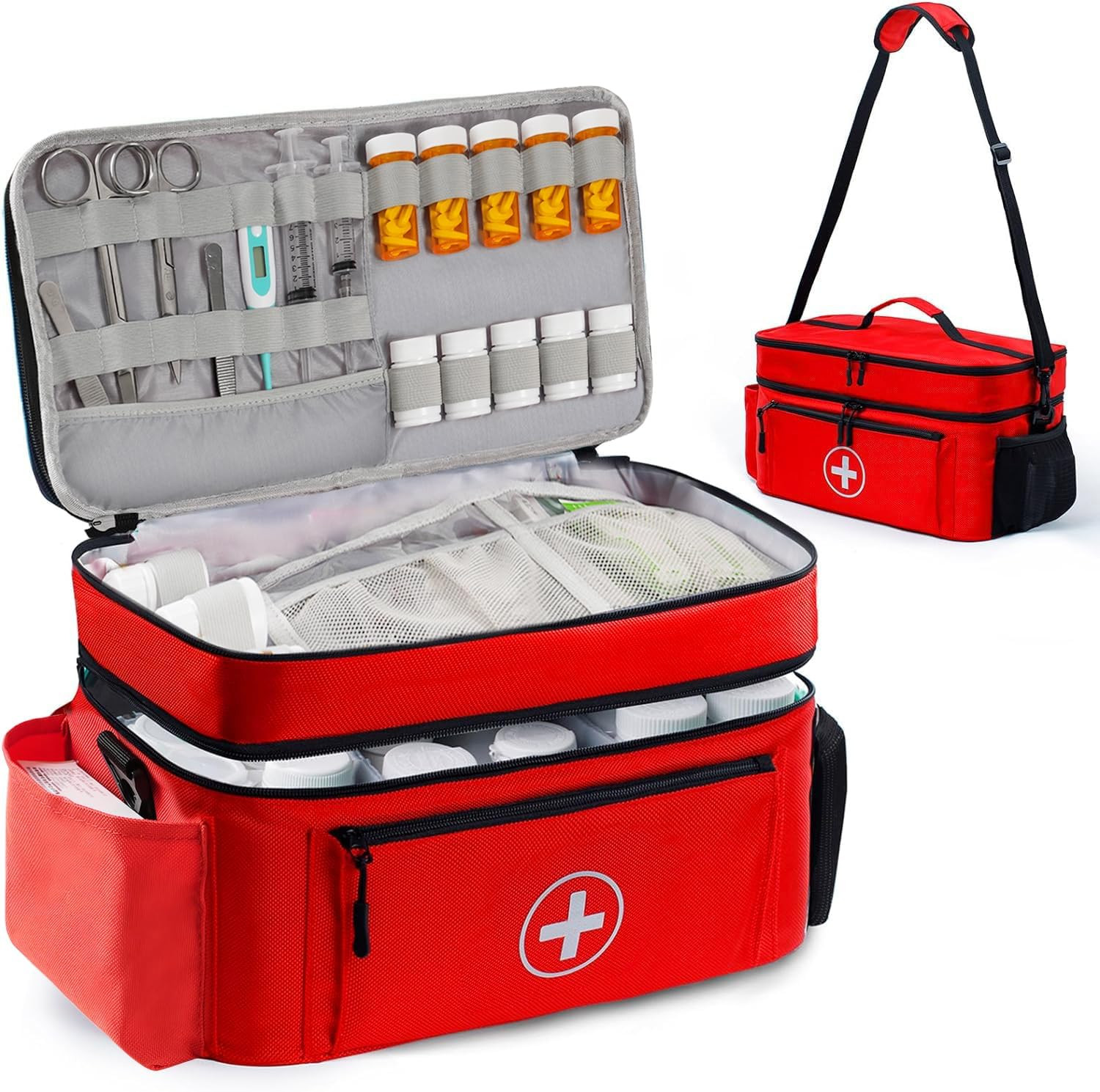 Medicine Organizer and Storage Bag Empty, Family First Aid Box, Pill Bottle Organizer Bag for Emergency Medication, Supplements or Medical Kits, Zippered Medicine Bag for Home and Travel (Red) | Amazon (US)