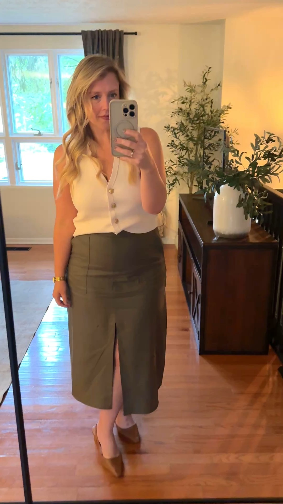 Why is it still 80 degrees 🥵 Fall Outfit, Olive Midi Skirt, Business Casual, Fall Outfitts

#LTKWorkwear #LTKFindsUnder50 #LTKMidsize