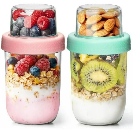 2-Pack 16 oz Overnight Oats Containers with Lids, Dual-Laryer Chia Pudding Jars with Dry and Wet Separation, Yogurt Parfait Cups for Oatmeal Cereal Nut Fruit, Meal Prep Glass Jars for Salad | Walmart (US)