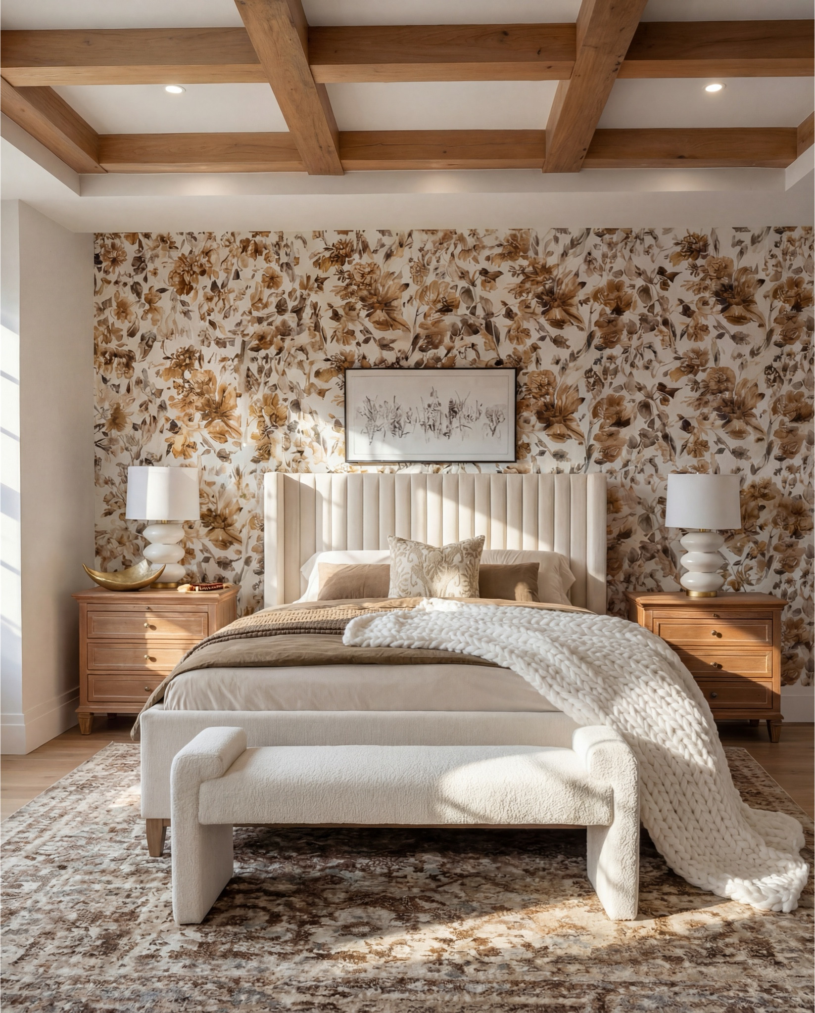 Bedroom Refresh : Shop The Look.
Warm, sunlit, and full of texture — this bedroom is the definition of cozy sophistication. The moment you walk in, the layered neutrals and soft curves make the space feel calm, luxe, and so incredibly welcoming.

The channel-tufted bed is the star here, bringing subtle architectural lines wrapped in the softest creamy upholstery. I layered earthy taupe and warm beige bedding to keep everything tonal but still dimensional.

A chunky knit throw draped at the edge adds that perfect touch of laid-back comfort, while the sculptural boucle bench creates balance and a beautiful moment at the foot of the bed.

The floral wallpaper brings such a romantic depth to the room with warm caramel and cocoa tones that play perfectly with the natural wood nightstands and the coffered ceiling above.

Soft curves, warm woods, and a palette inspired by a fall sunrise — it all comes together to create a bedroom that feels like a retreat you’ll never want to leave.

✨ Shop the Look
Channel-tufted upholstered bed | Layered neutral bedding | Chunky knit throw | Boucle sculptural bench | Warm floral wallpaper | Natural wood nightstands | White ceramic table lamps | Vintage-inspired area rug | Coffered wood ceiling#LTKFindsUnder100 

#LTKHome #LTKSaleAlert