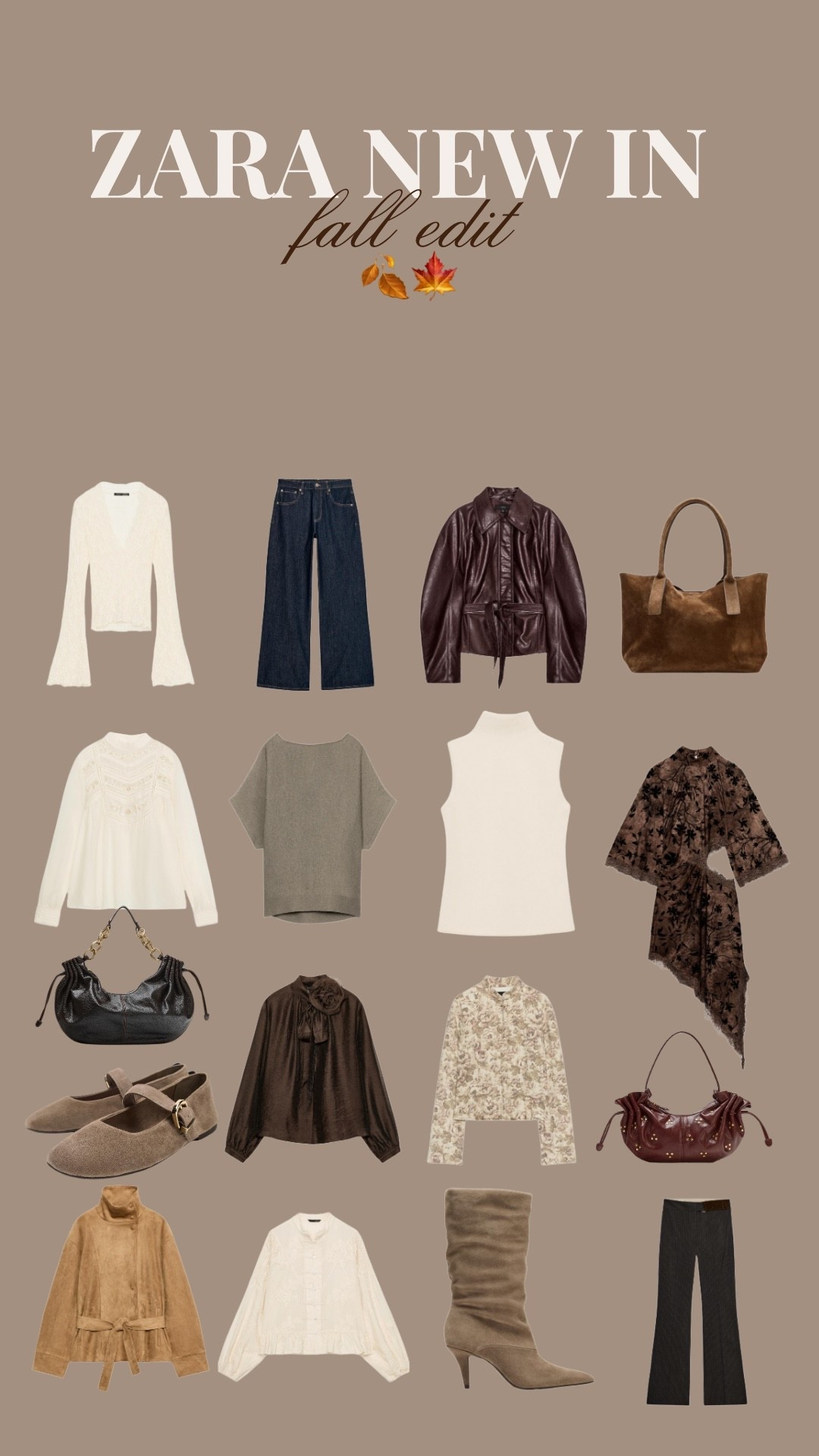ZARA NEW IN: fall edition 🍂🍁

My curated Zara new in edit for autumn! 🤍 Combining rich burgundy leather jackets with soft suede totes, slouchy knee-high boots, romantic lace blouses, and wide-leg denim for an elegant, elevated fall wardrobe.

#LTKFashionMonth #LTKautumn #LTKeurope