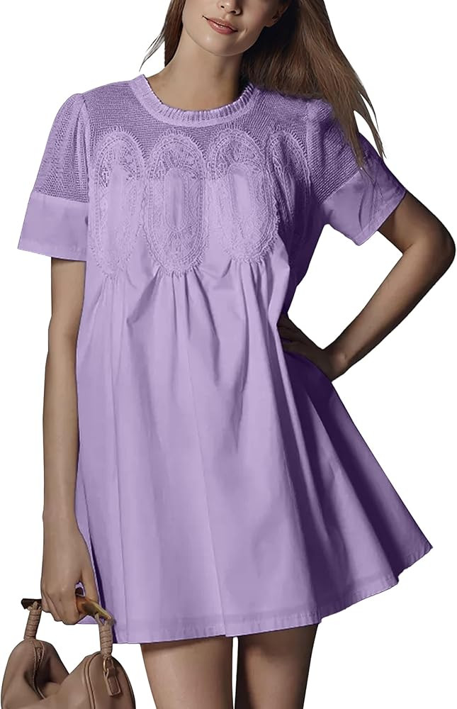 Shiyifa Womens Babydoll Lace Patchwork Dresses Summer Short Sleeve Ruffle Sundress Loose Crew Nec... | Amazon (US)