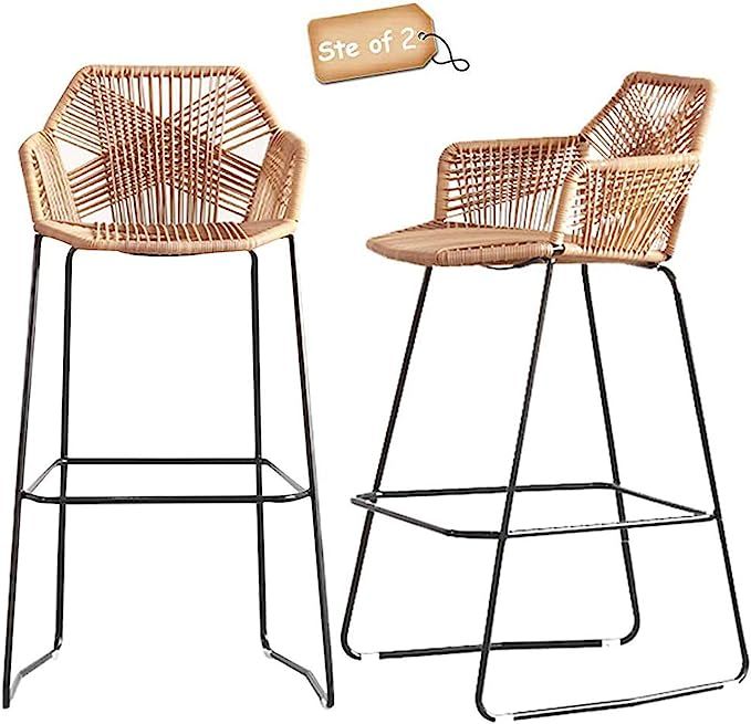 BINZHI Bar Stools Set of 2 Rattan Chair Boho Woven Counter Stools with Back and Footrest Modern P... | Amazon (US)