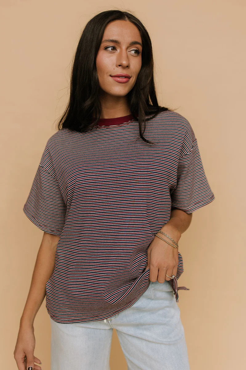 Carson Stripe Tee in Burgundy | Henly