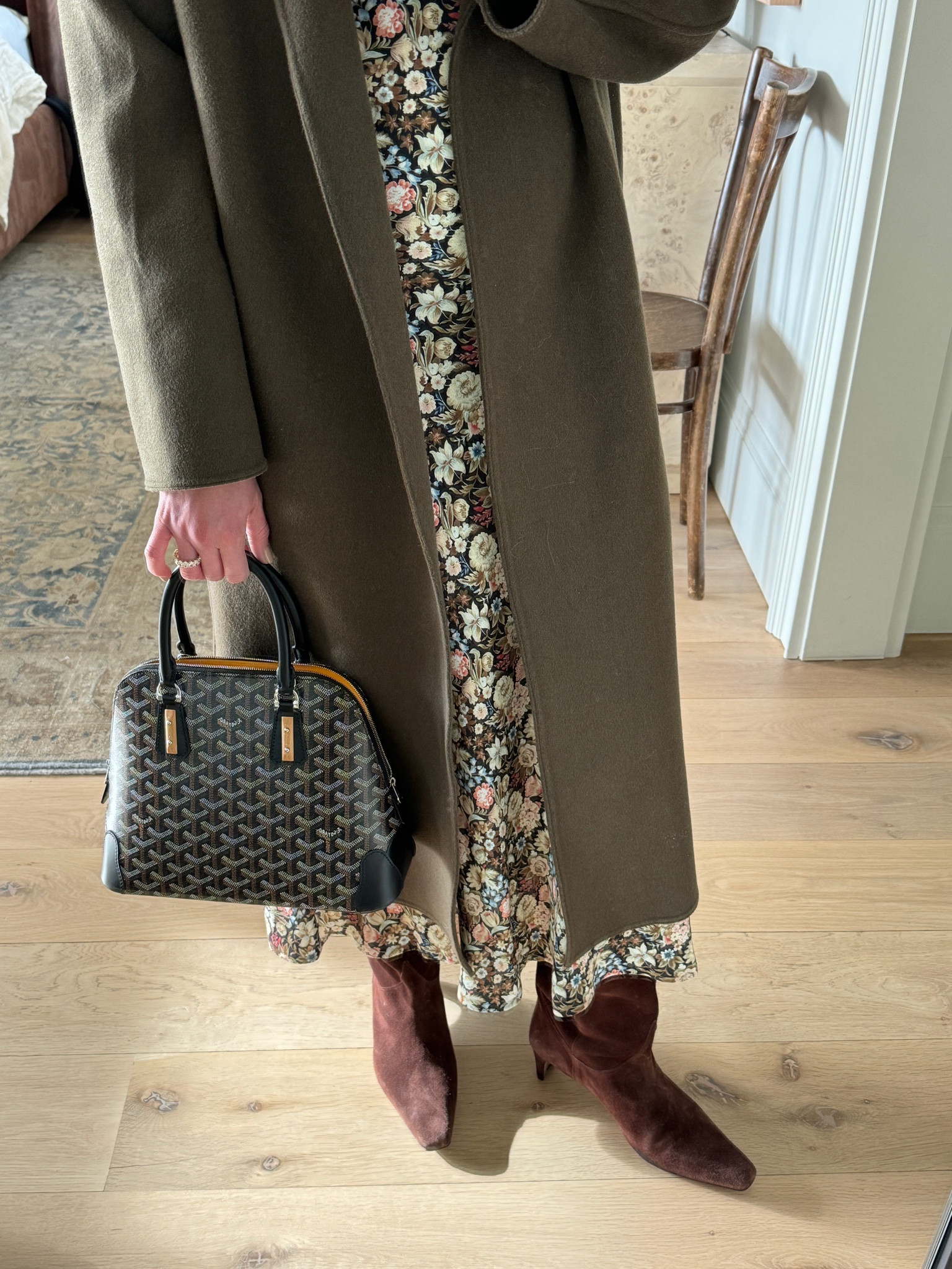 These boots have been sold out for months, but I found them in stock! I wear them with everything from jeans to dresses…same with this olive green coat. 