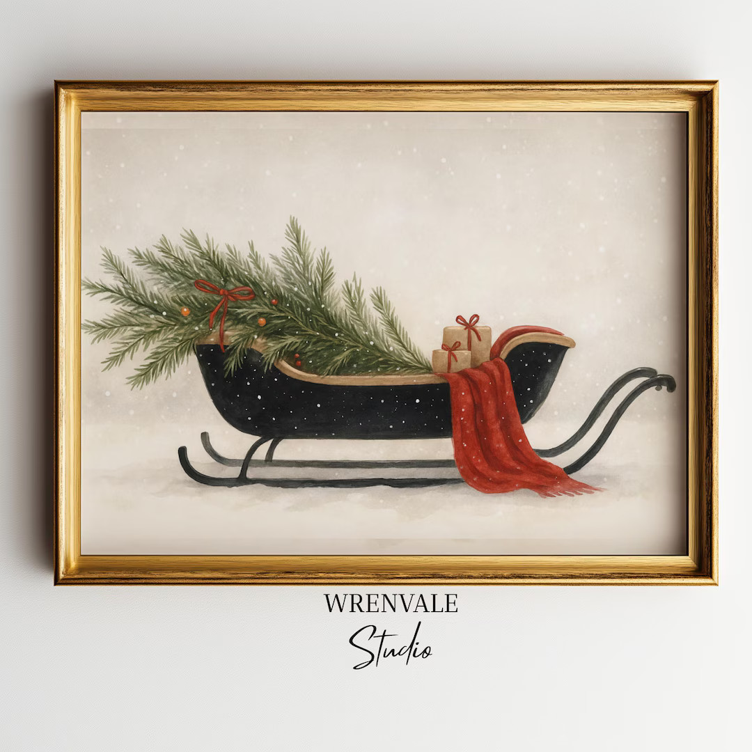 Vintage Sleigh Print Holiday Art, Printable Christmas Wall Decor, Winter Wonderland Painting - XM... | Etsy (US)