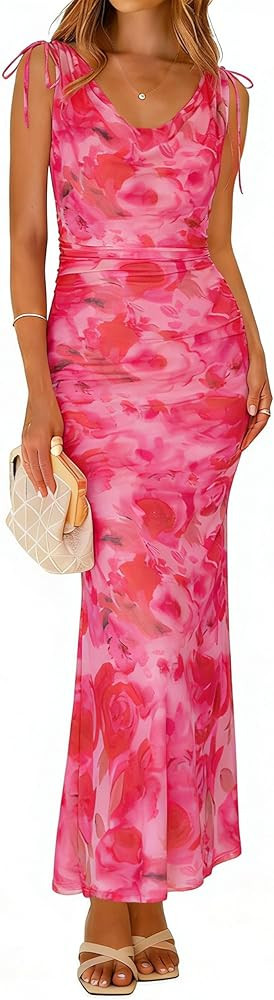 Simplee Womens Summer Wedding Guest Dress Floral Mesh Bodycon Maxi Dress Sexy Sleeveless Ruched P... | Amazon (US)