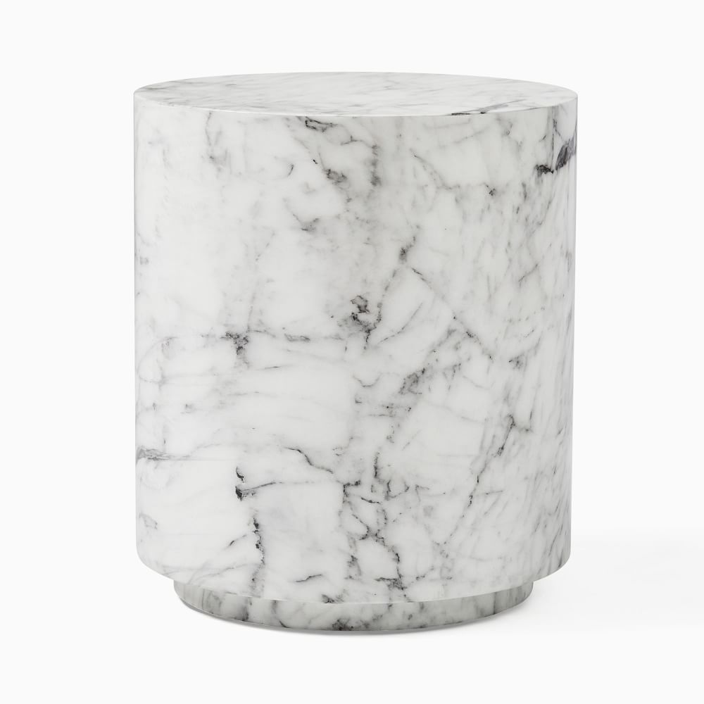 Marbled Drum Side Table, Round, White | West Elm (US)