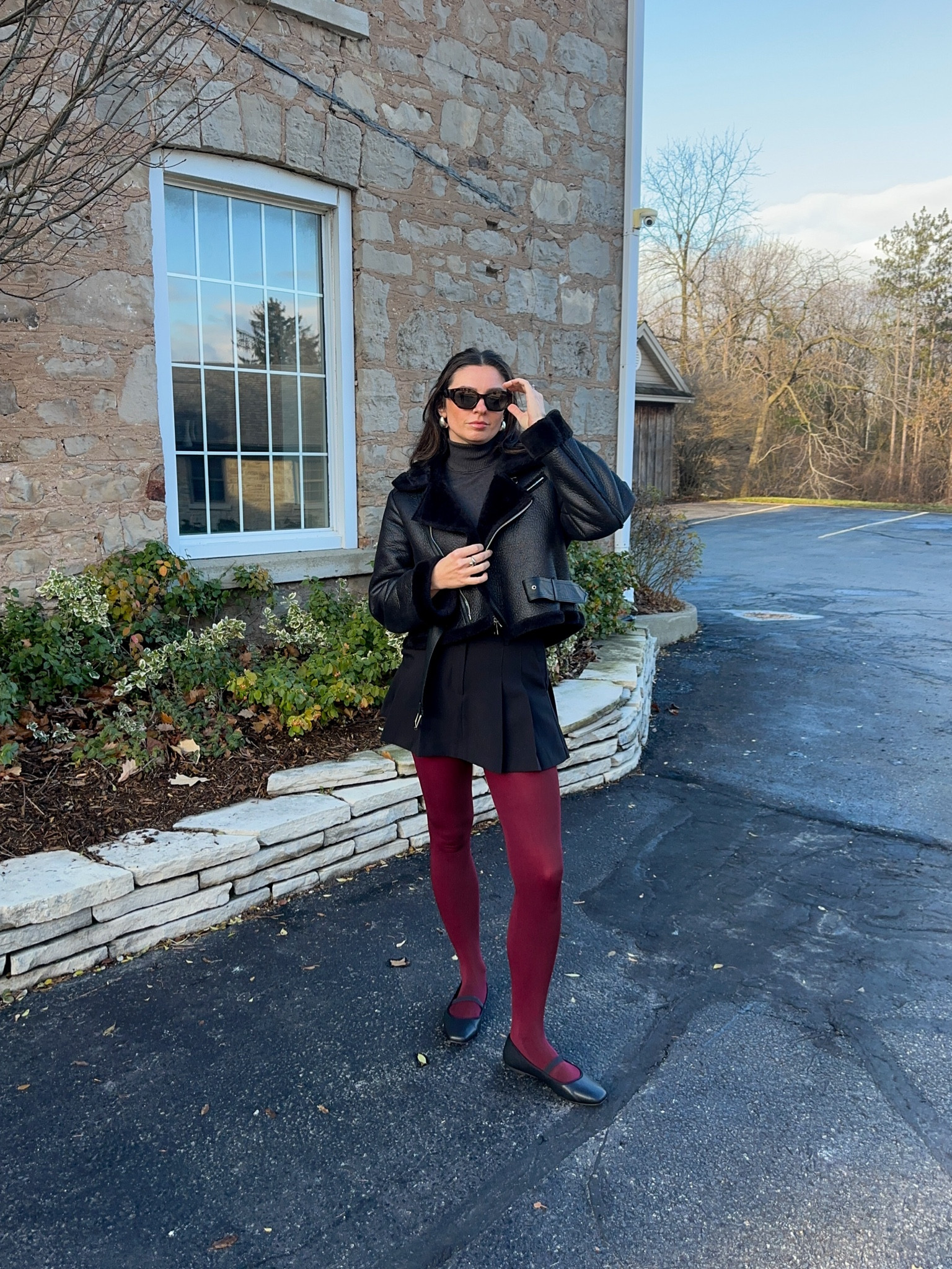 Holiday outfit, Christmas outfit, burgundy tights, pleated skirt, mini skirt, aviator jacket, ballet flat

#LTKSeasonal #LTKHoliday #LTKstyletip