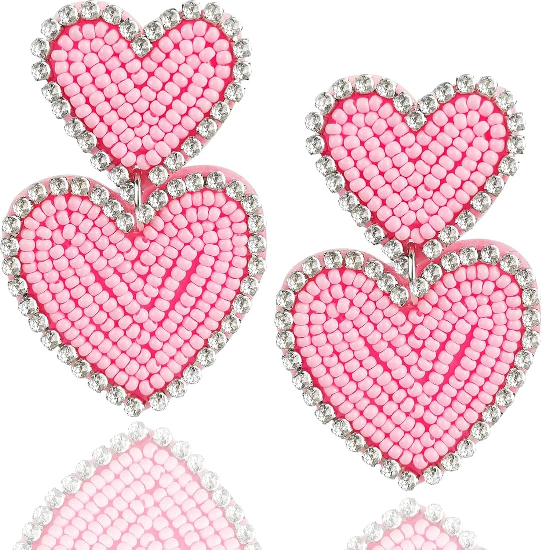 Boho Beaded Earrings Statement Heart Shaped Earrings Handwoven Drop Earrings for Valentine's Day ... | Amazon (US)