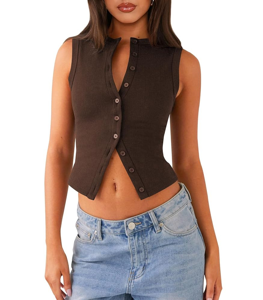 Womens Button Down Tank Top Sleeveless Ribbed Fitted Vest Casual Crewneck Trendy Y2K Going Out Cr... | Amazon (US)